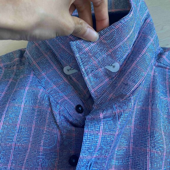 Bugatchi Blue Pink Stripes with Subtle Swirl Print Men Dress Shirt Size XL Work - Picture 8 of 9